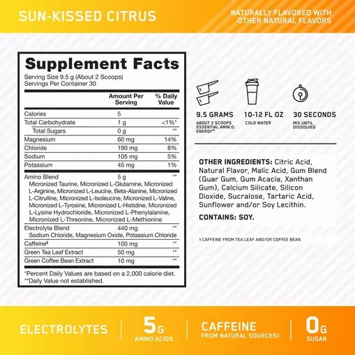 Optimum Nutrition Essential AMIN.O. ENERGY + Electrolytes *new* Sun-kissed Citrus 0.63 lb (30 Servings) Brasil | RO2398651