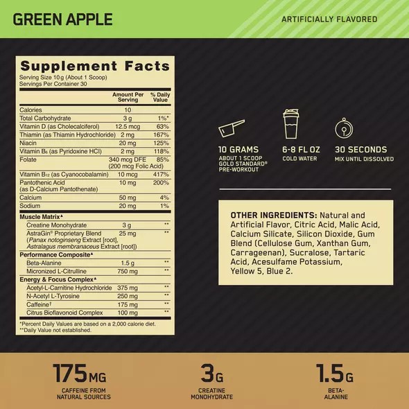 Optimum Nutrition GOLD STANDARD® Pre-Workout Green Apple 0.66 lb (30 Servings) Brasil | ZI9407831