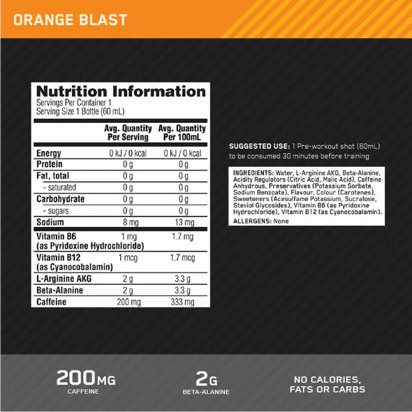 Optimum Nutrition Pure Pre 200 Pre-Workout Shot Orange 60ml (12 shots) Brasil | YV8531409