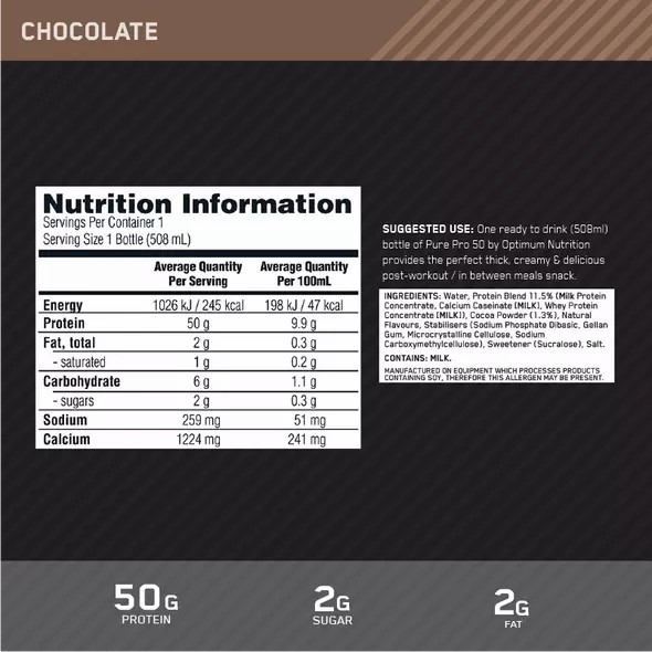 Optimum Nutrition Pure Pro 50 Chocolate 508ml (12 bottles) Brasil | IT8012793